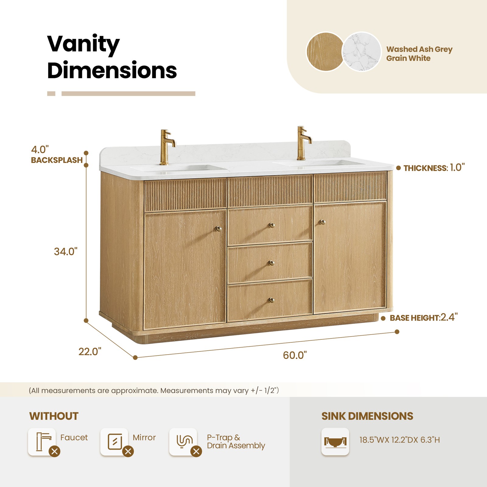 Zogno 60″ Solid Wood Double Bath Vanity in Washed Ash Gray with White Stone Top
