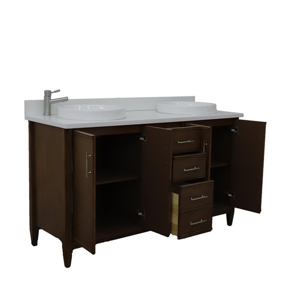 Pemberly Row 61″ Double Round Sink Vanity with White Quartz Stone in Walnut