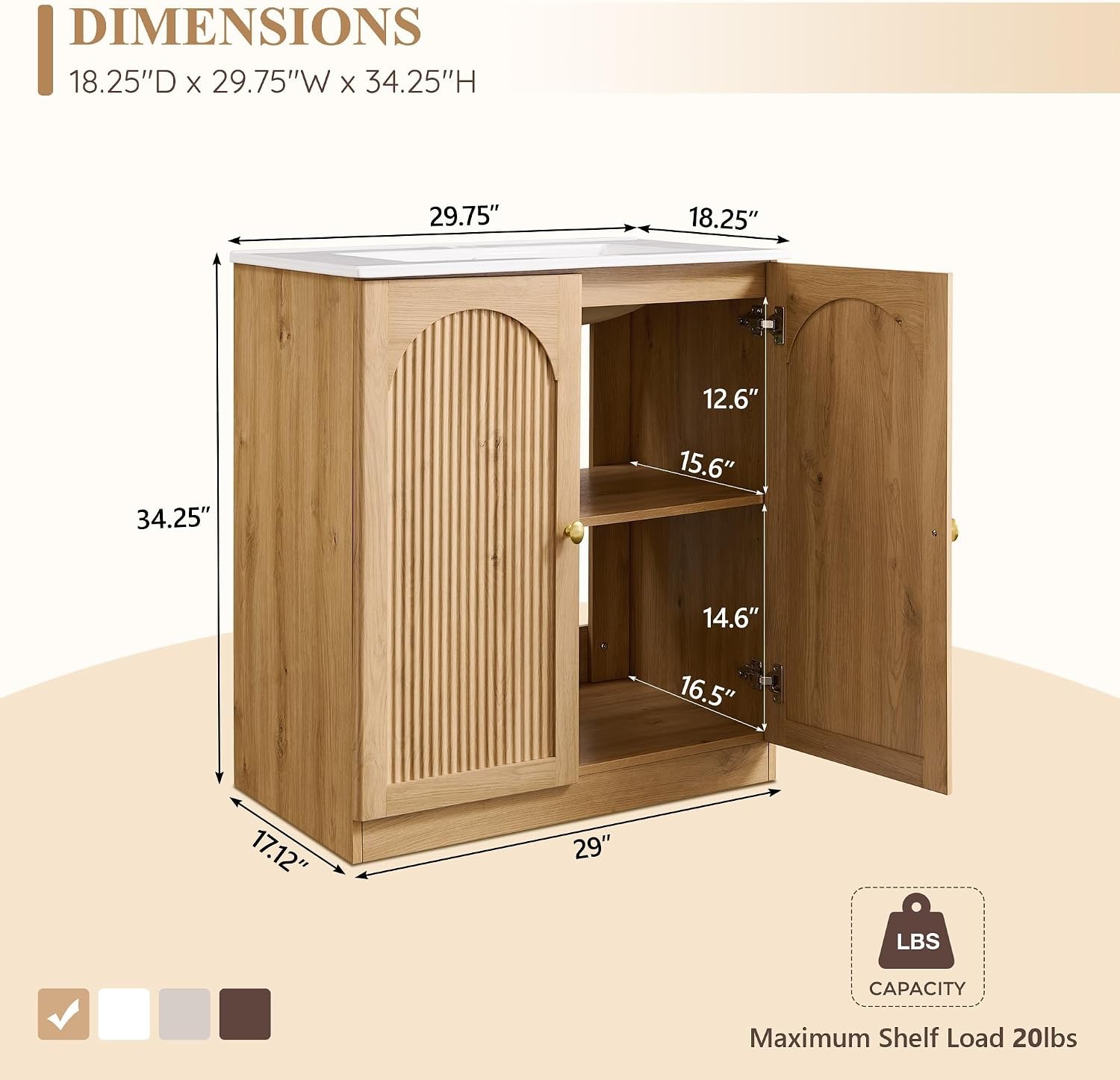 Modern Bathroom Vanity W/ Sink 30 Inch Arched Fluted Bathroom Vanity Cabinet