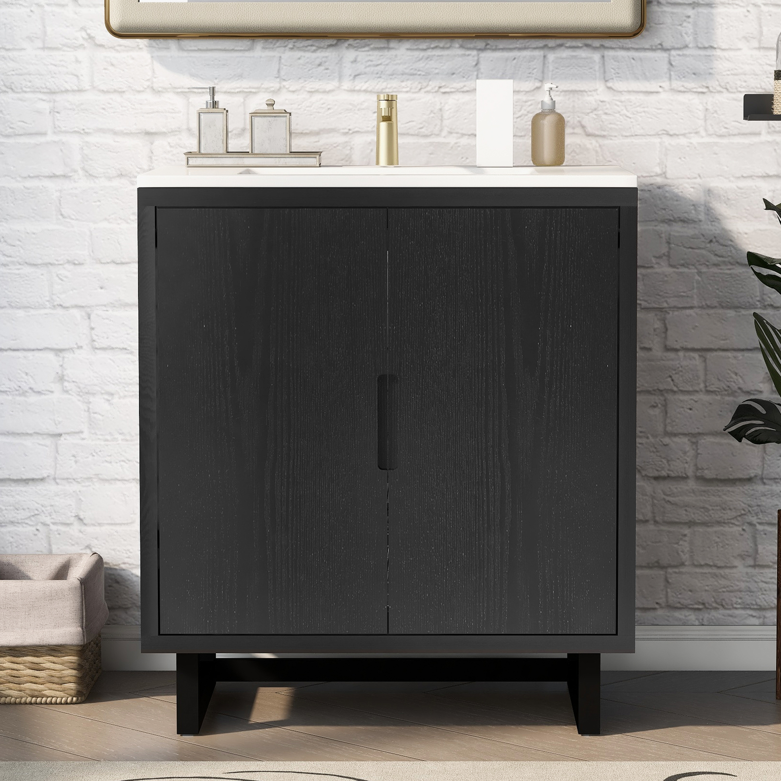 30 Inch Floor Mount Vanity Cabinet Resin Sink Bathroom Furniture Set Storage