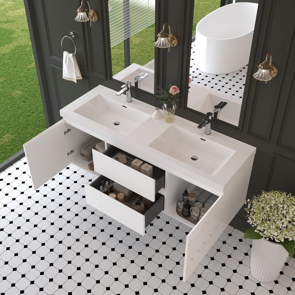 60″ Wall Mounted Bathroom Vanity w/Double Sink, Floating Vanity Cabinet,2 Drawer