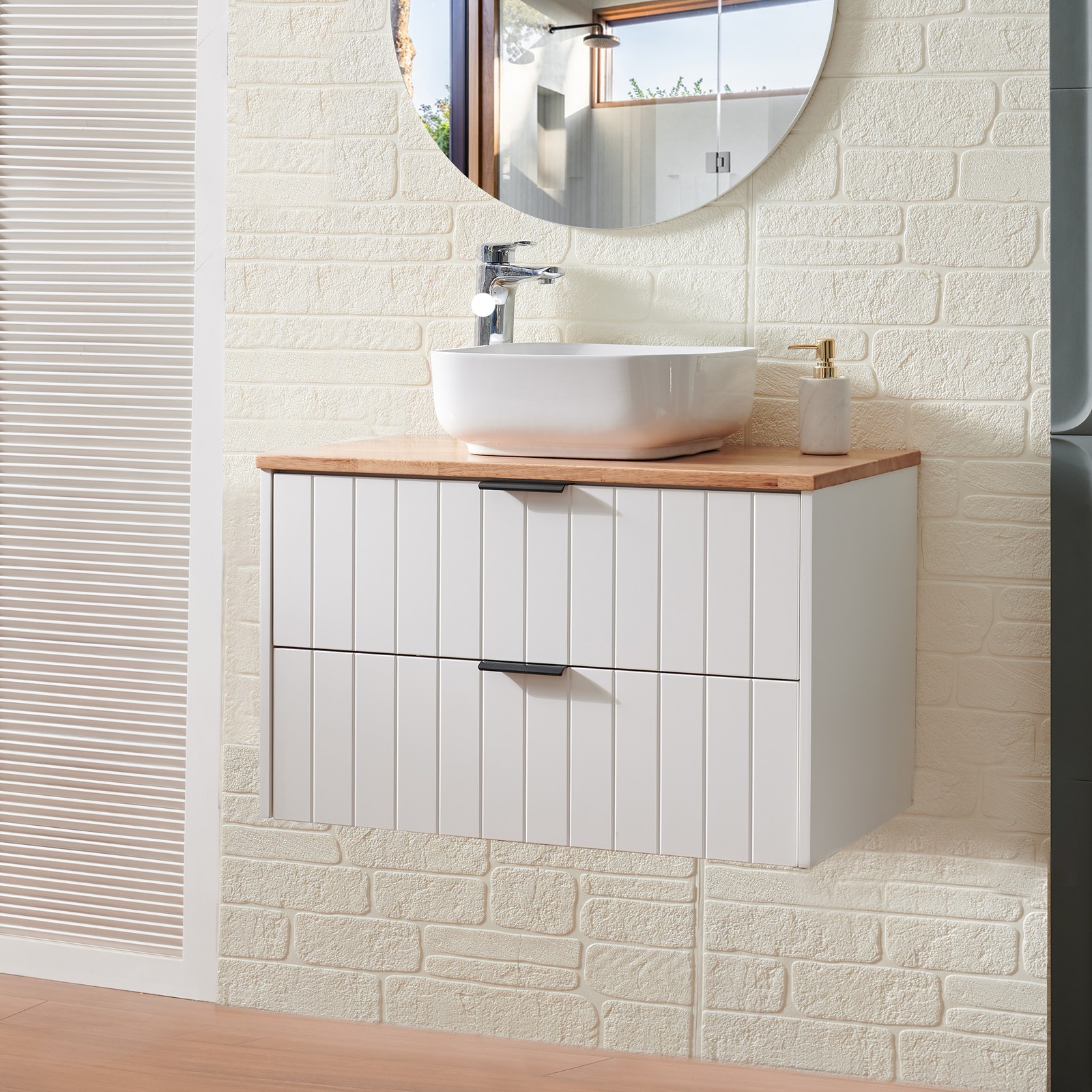 32″ Double Drawer Wall-Mounted Bathroom Vanity,White Cabinet w/Ceramic Sink