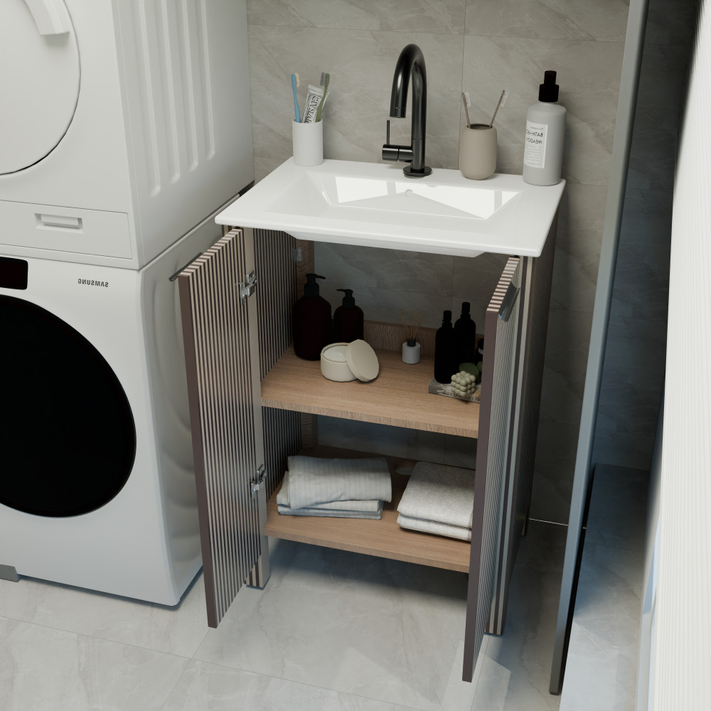 Floor Stand Combo Cabinet Set with 2 Doors and White Resin Basin Top