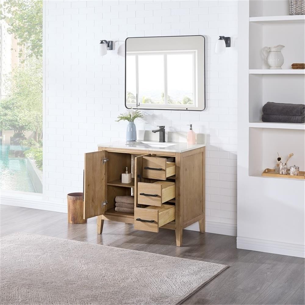 Laurel 36″ Wood Vanity in Weathered Fir Calacatta White Quartz Top with Mirror