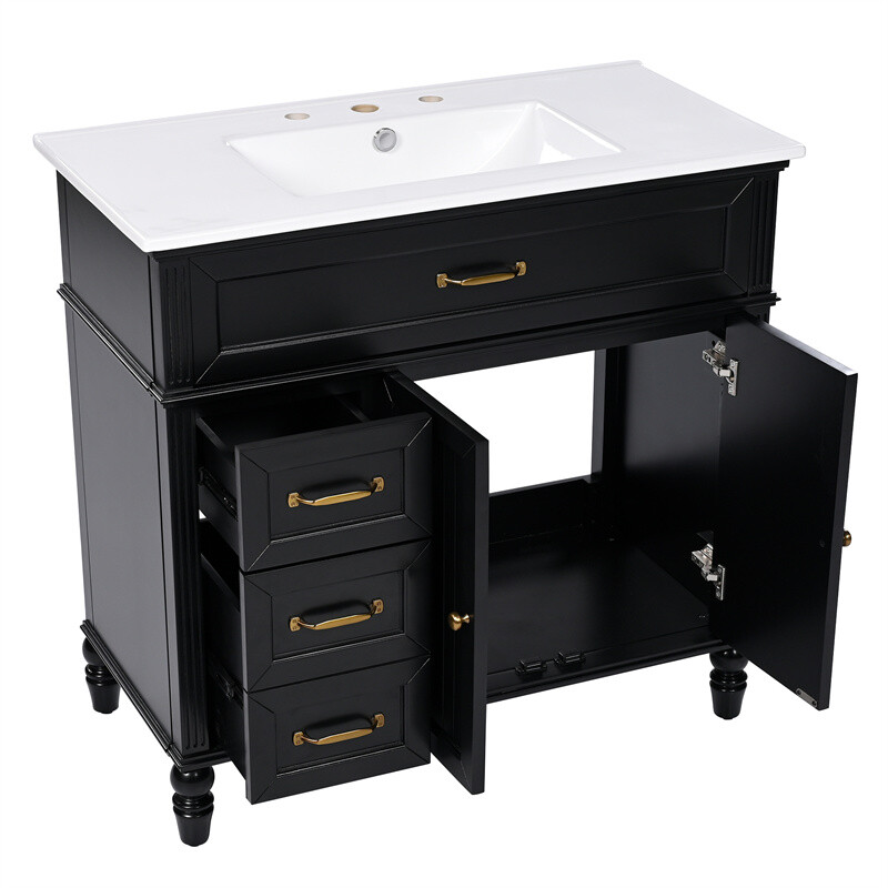 36″ Bathroom Vanity Set with Sink, Black Bathroom Cabinet w/3 Drawers & 2 Doors