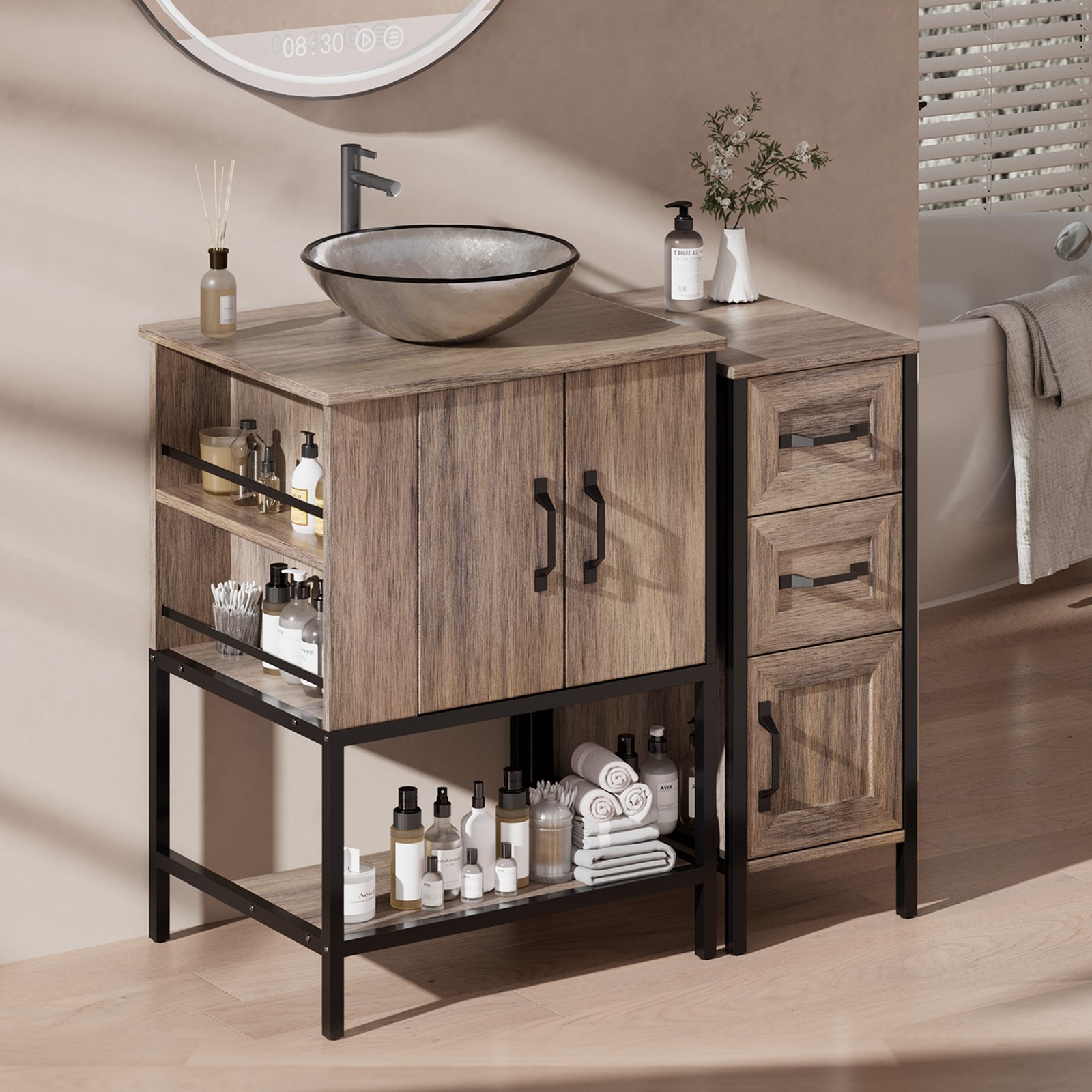 36” Bathroom Vanity with Glass Sink Solid Wood Frame Bathroom Storage Cabinet