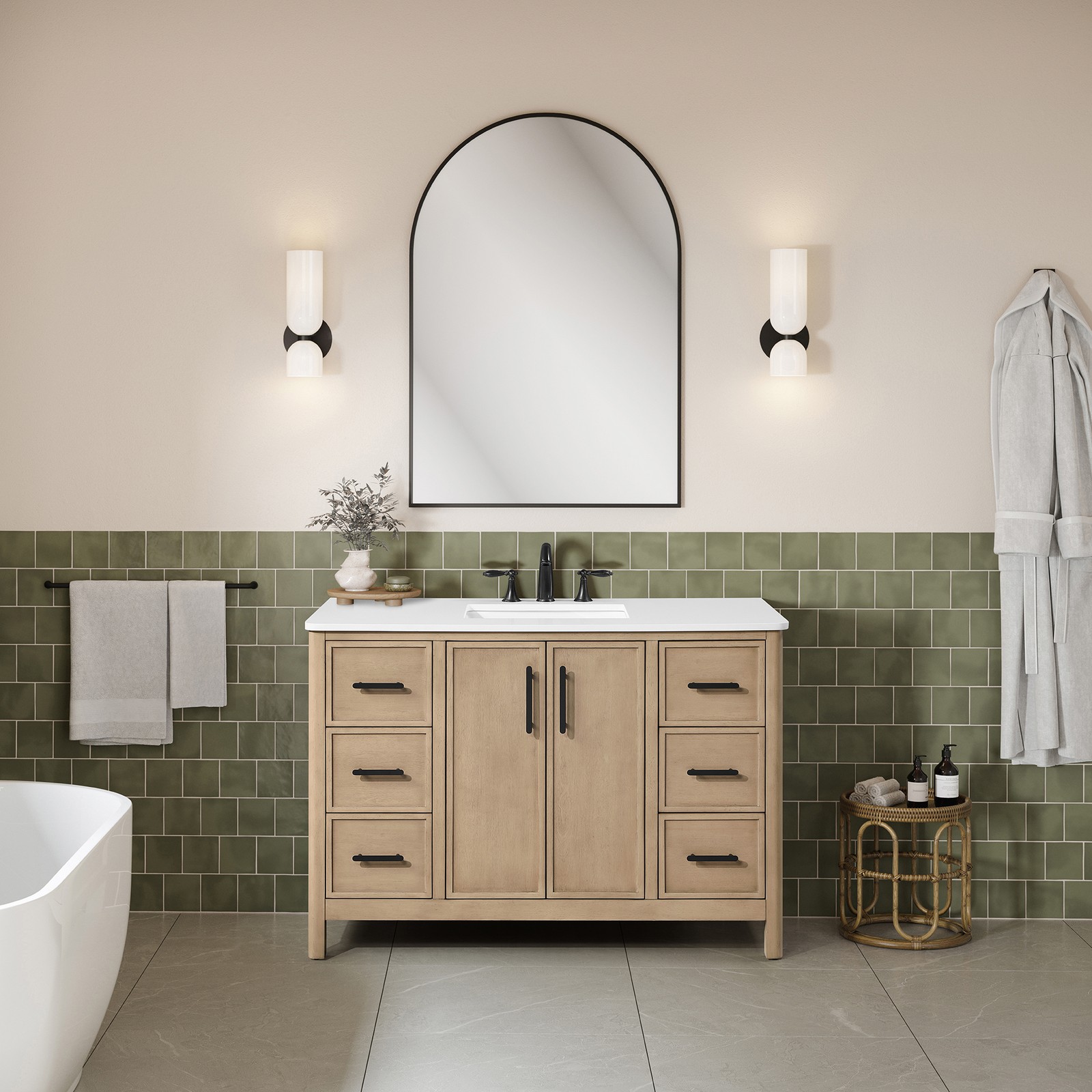 Solas 48″ Bathroom Vanity in Sahara Birch with White Countertop