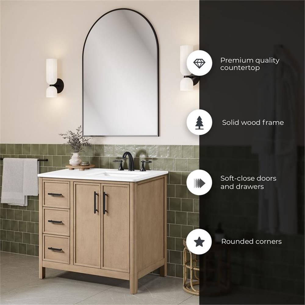 Pemberly Row 36″ Bathroom Vanity in Sahara Birch with White Countertop