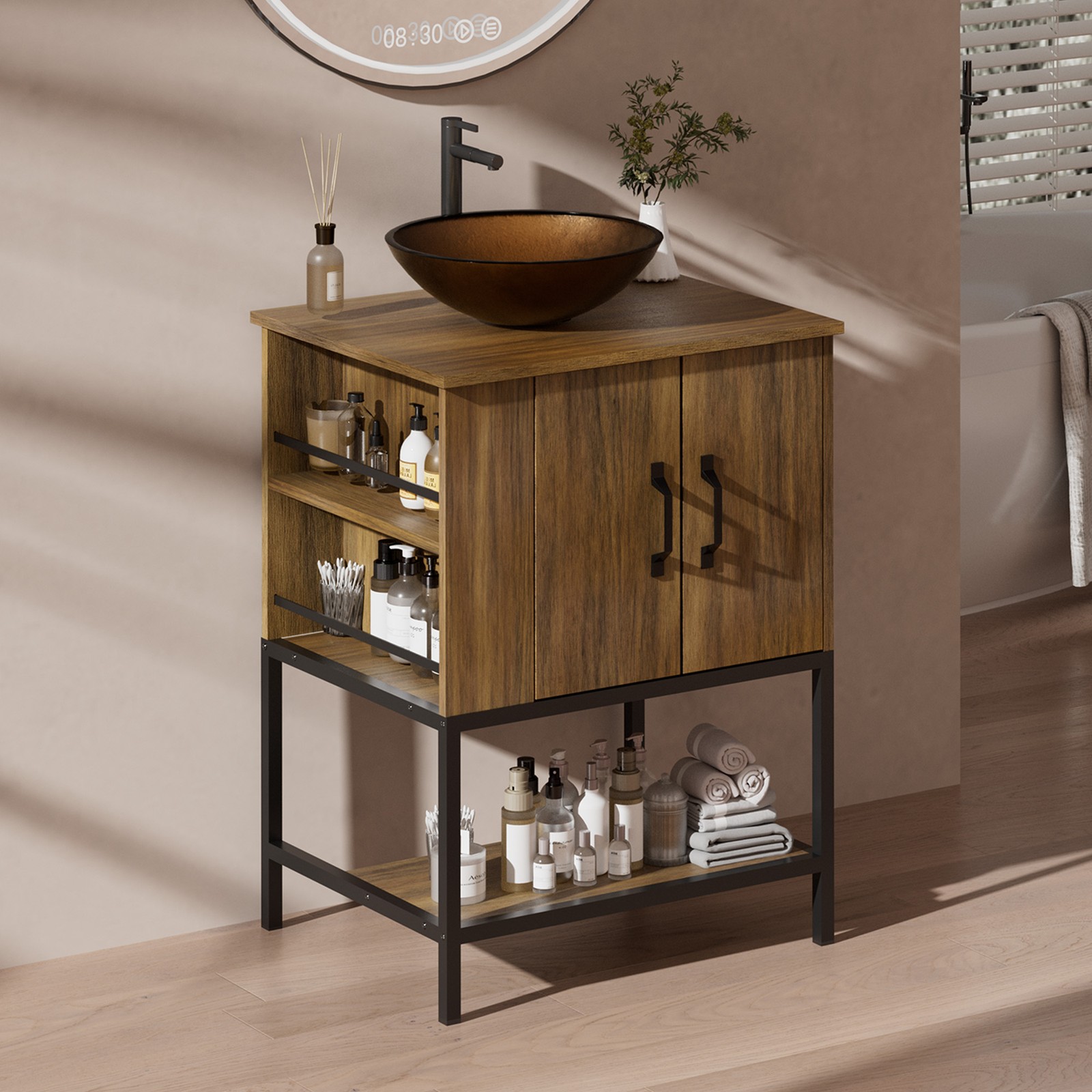 24″ Small Bathroom Vanity Combo Storage Cabinet FloorStanding Glass Vessel Oak