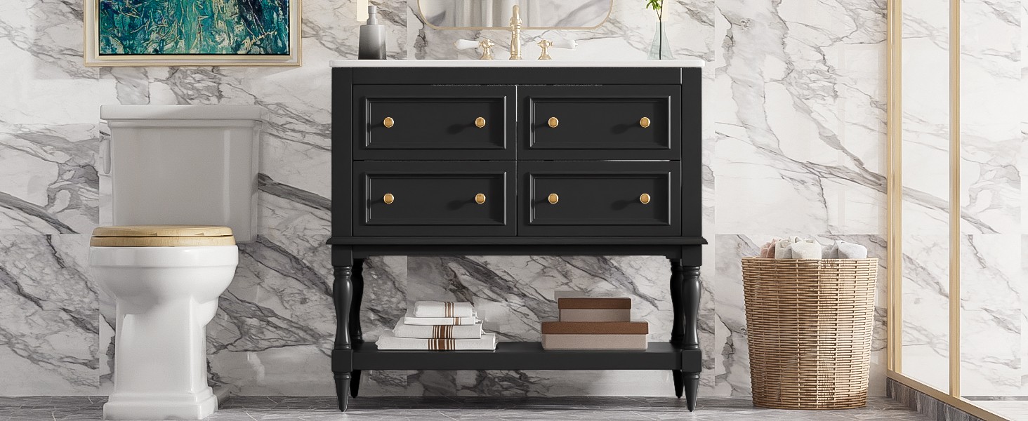 36″ Bathroom Vanity Cabinet with Sink Combo Set, 4 Drawers, Black