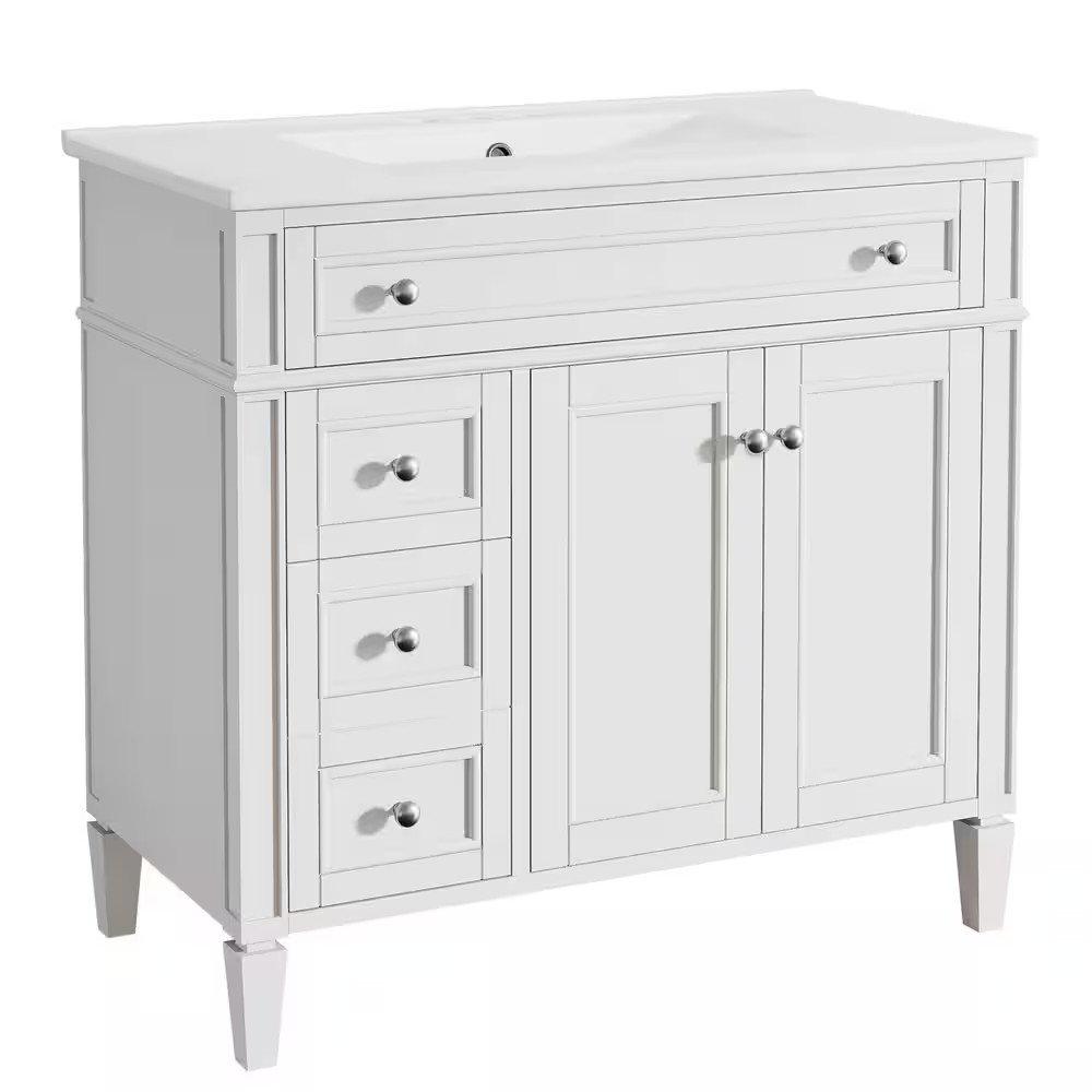 36 In. Single Sink Freestanding White Bath Vanity with White Ceramic Top Unassem