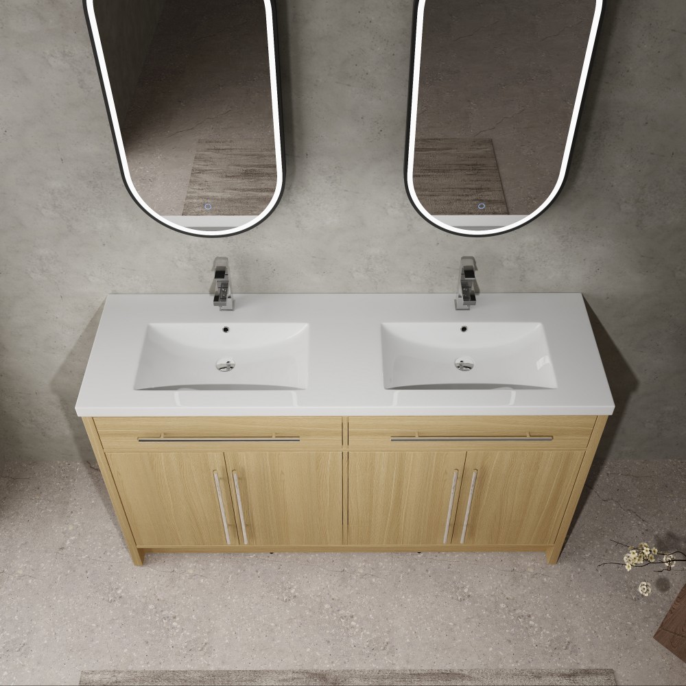 60 inch Plywood Bathroom Vanity Freestanding Double Resin Sink Storage W/2 Doors