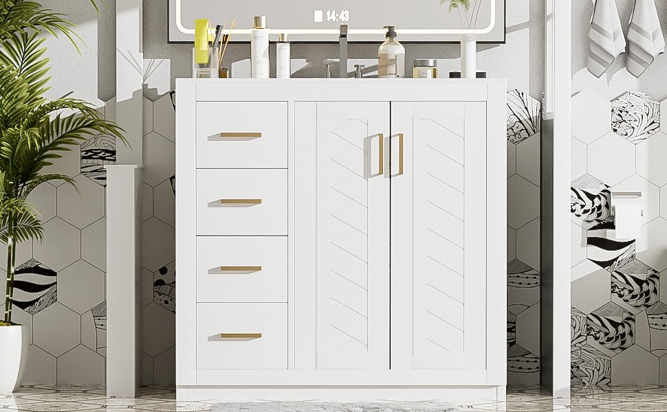 36″ Bathroom Vanity with Ceramic Sink, Solid Wood Frame, 3 Drawers & Doors