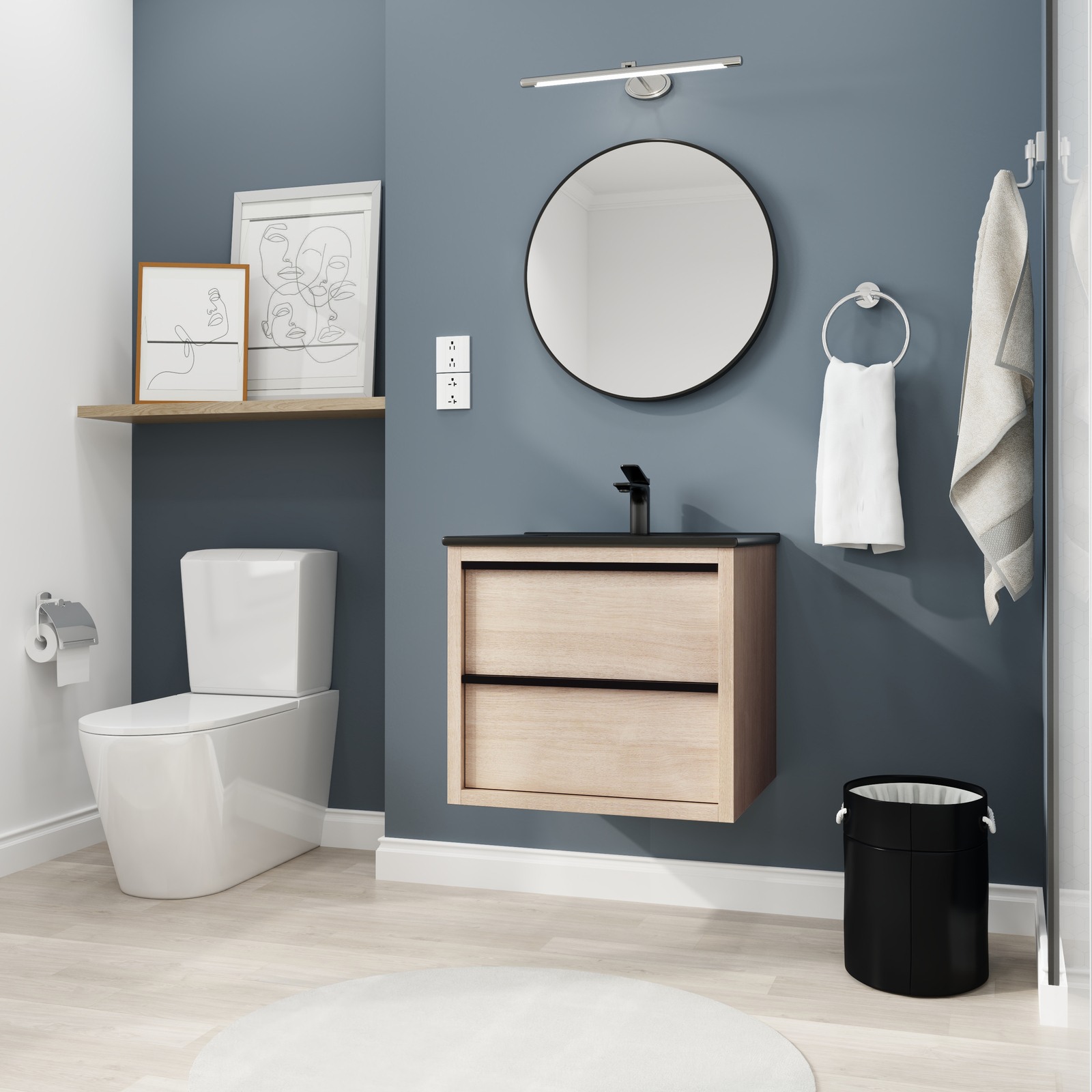 24″Bathroom Vanity Cabinet Wall Mounted Floating W/ Black Ceramic Sink 2 Drawers