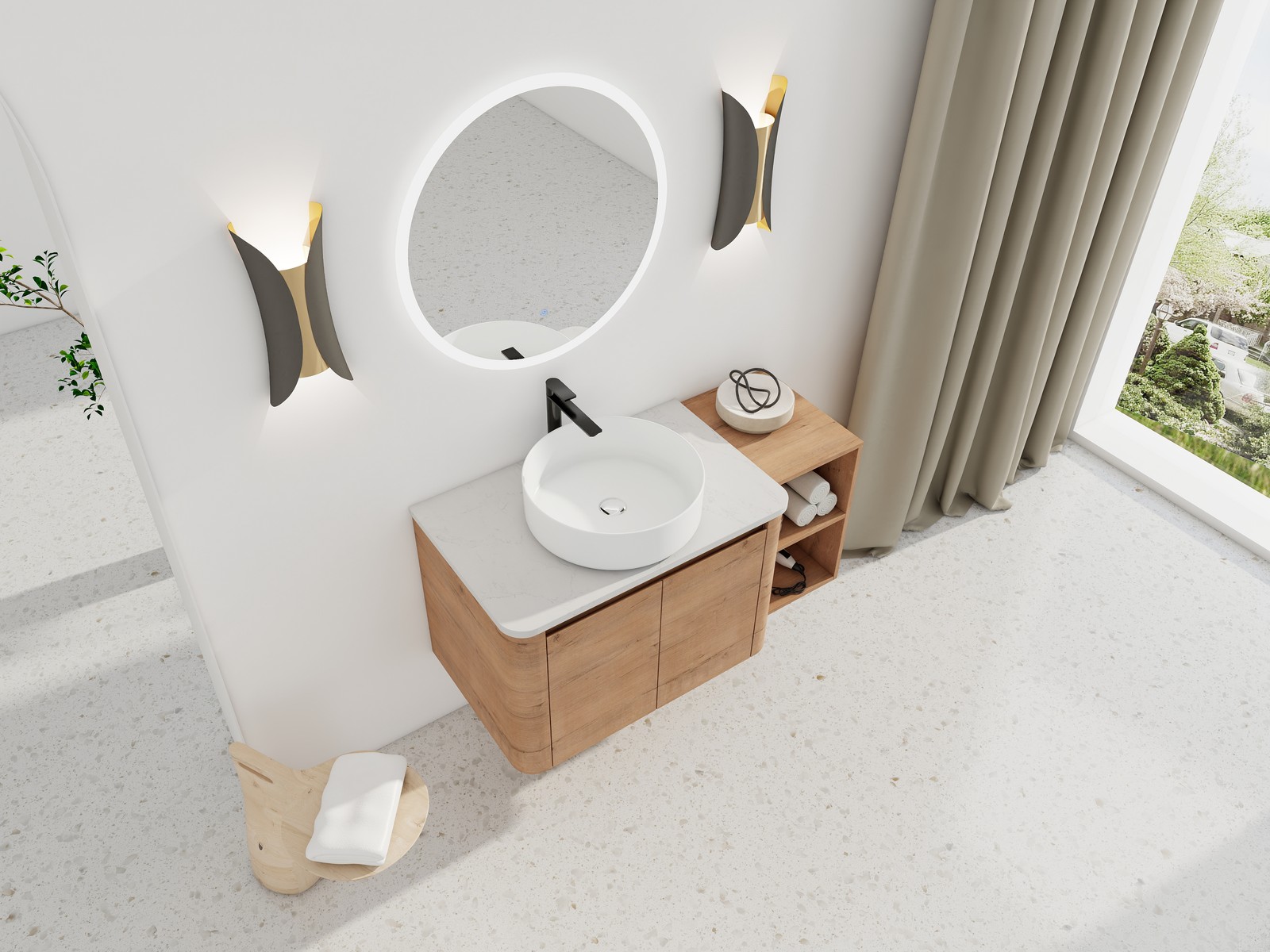 42” Wall-Mounted Bathroom Vanity Counter Top White Vessel Sink Storage Shelves