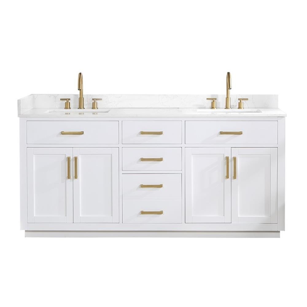 Gavino 72″ Wood Vanity in White with Grain White Composite Stone Top no Mirror
