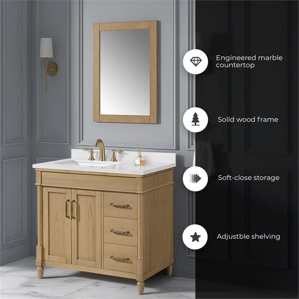 Pemberly Row 36″ Natural Birch Bathroom Vanity with White Countertop