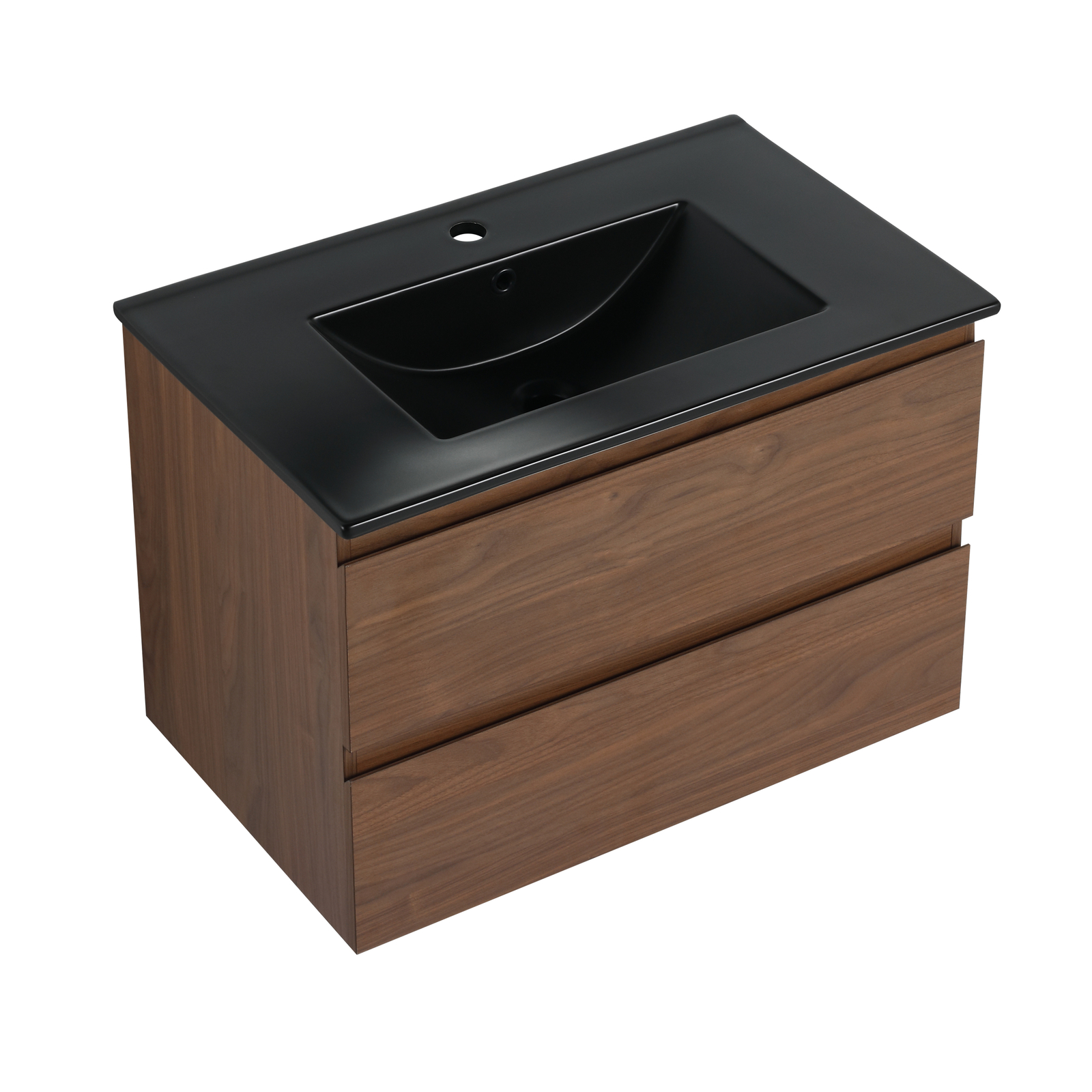 30 Inch Floating Wall Mounted Bathroom Vanity +Black Ceramic Sink 2 Drawer Brown