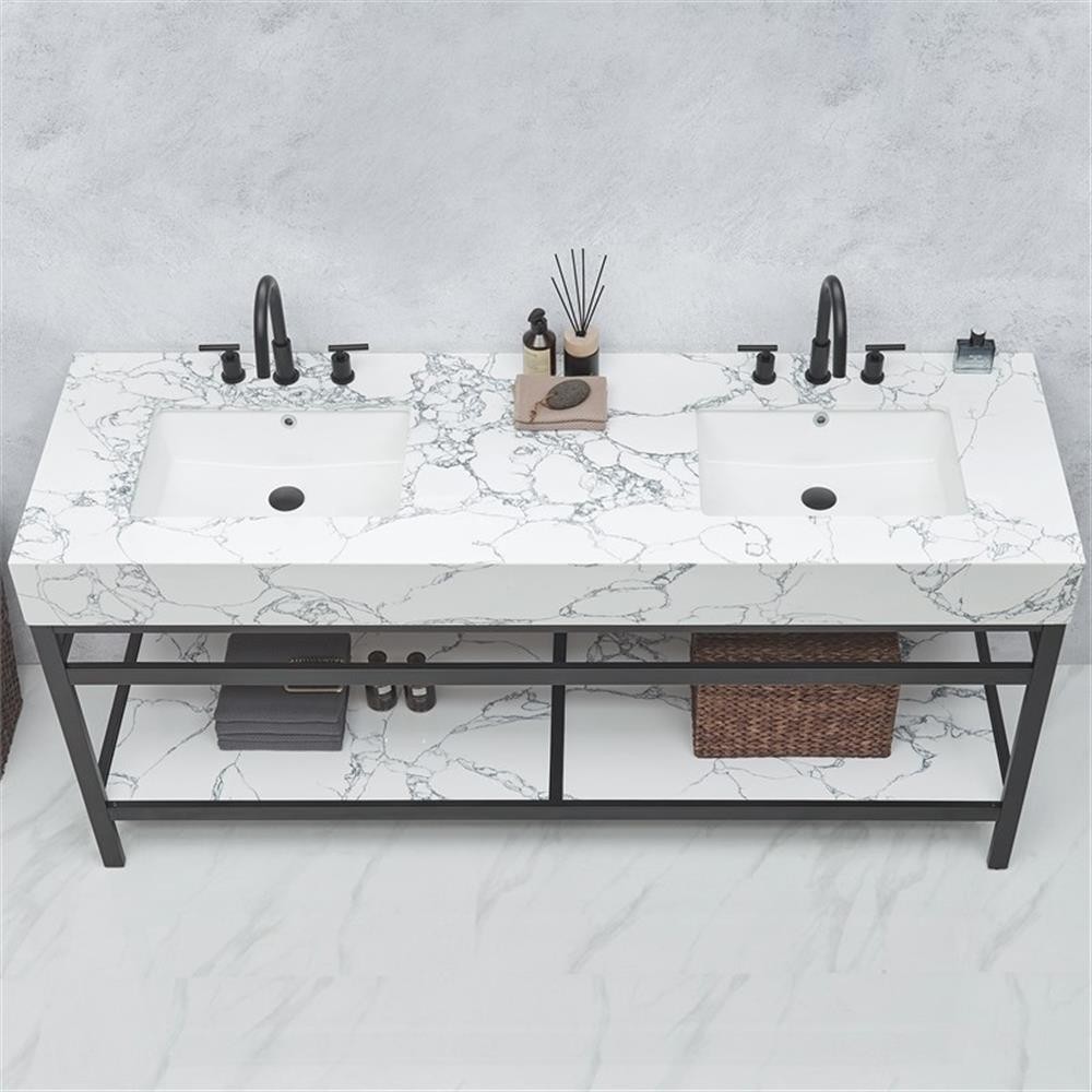 Ecija 72″ Double Matte Black Metal Bath Vanity with Pandora White Composite Top