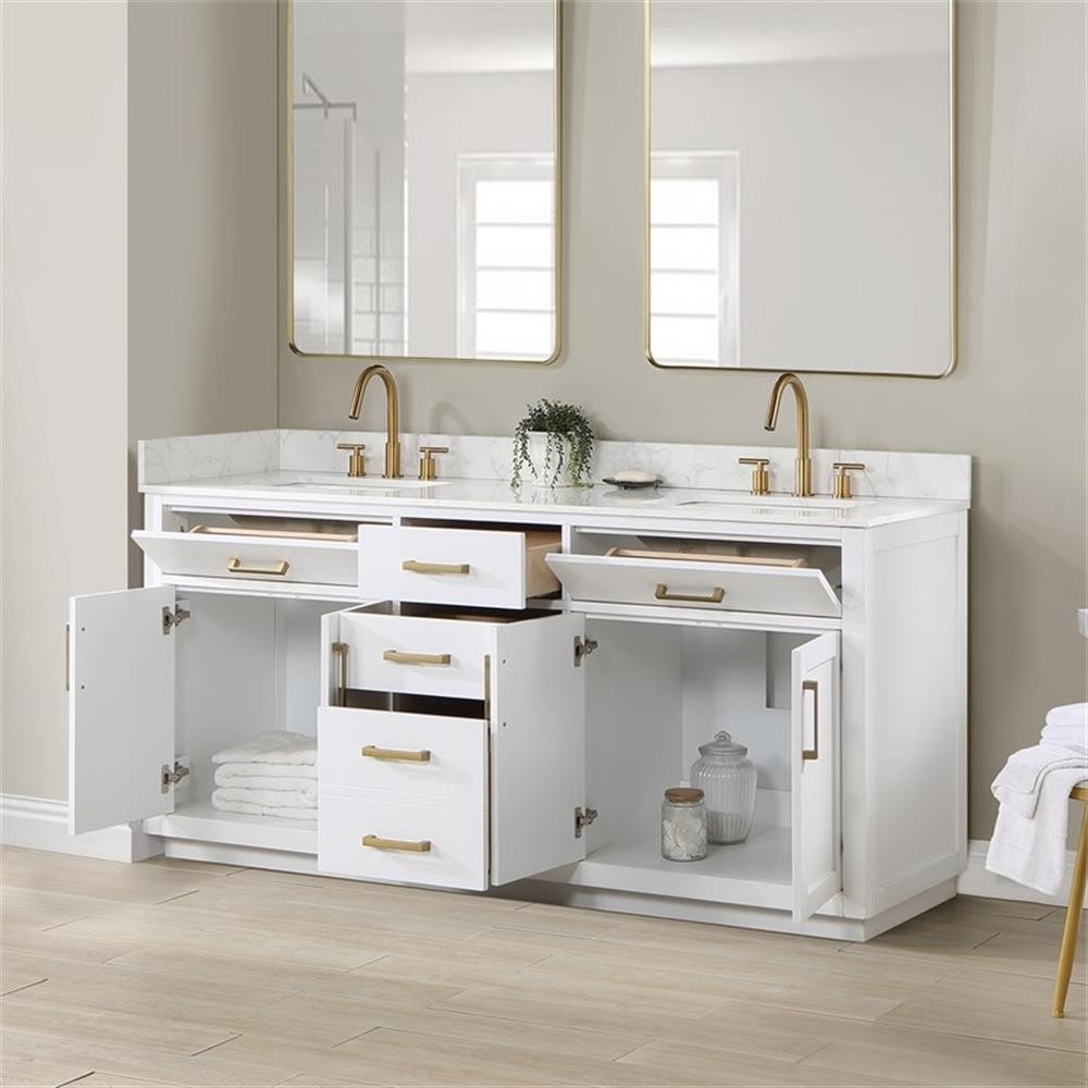 Gavino 72″ Wood Vanity in White with Grain White Composite Stone Top no Mirror