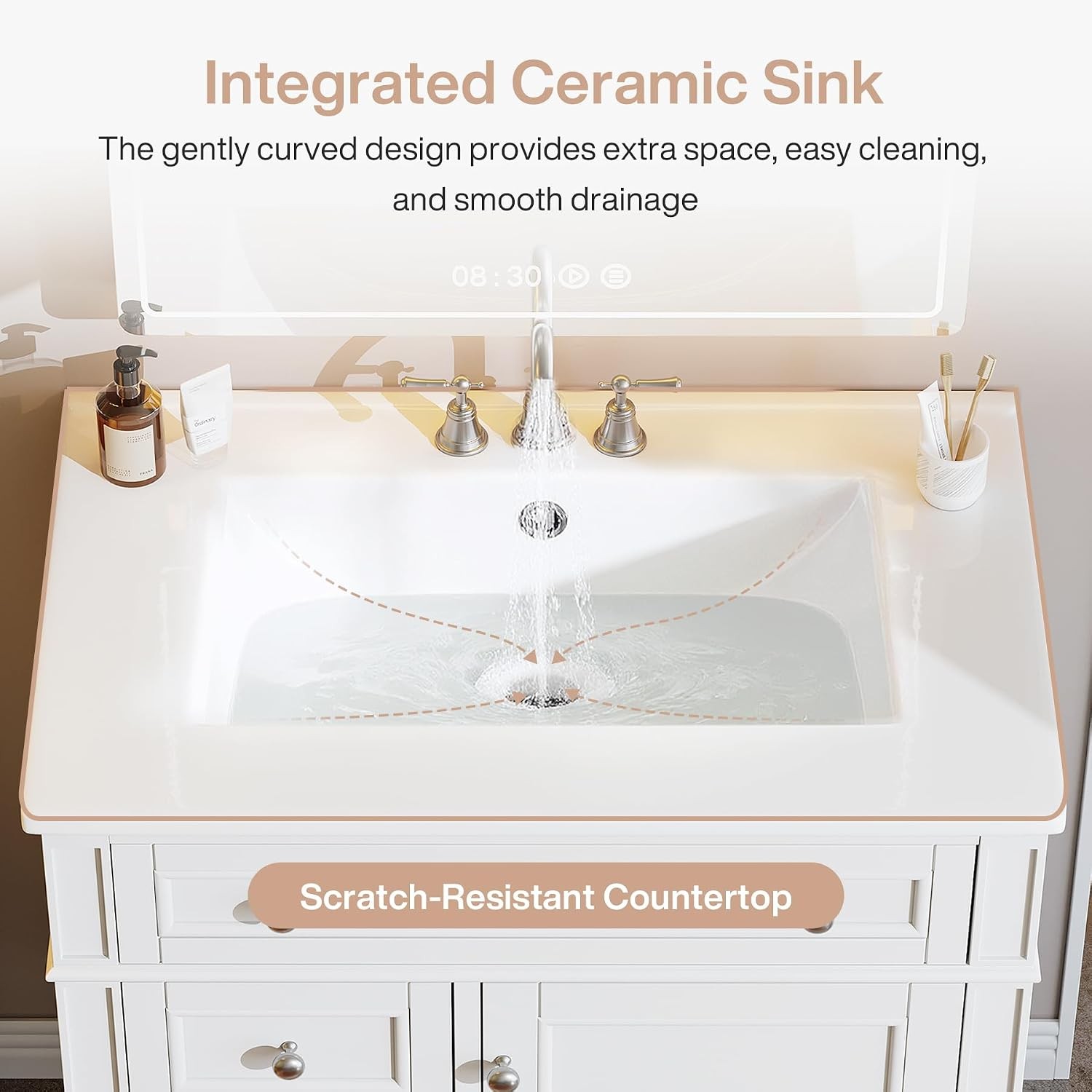30″ Bathroom Vanity w/Ceramic Sink, 3 Drawers, Freestanding Bath Vanity Cabinet