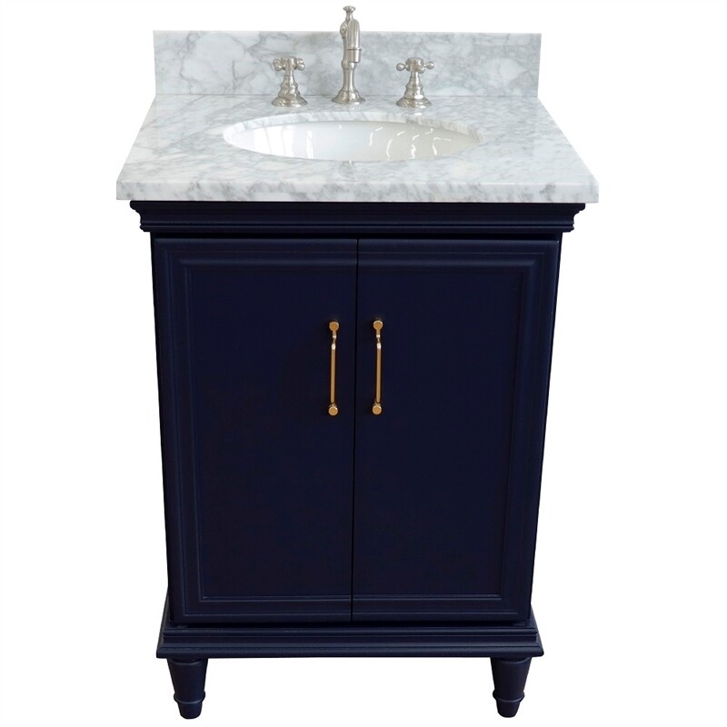 25 in. Single Wooden Vanity Blue with White Carrara Oval Sink