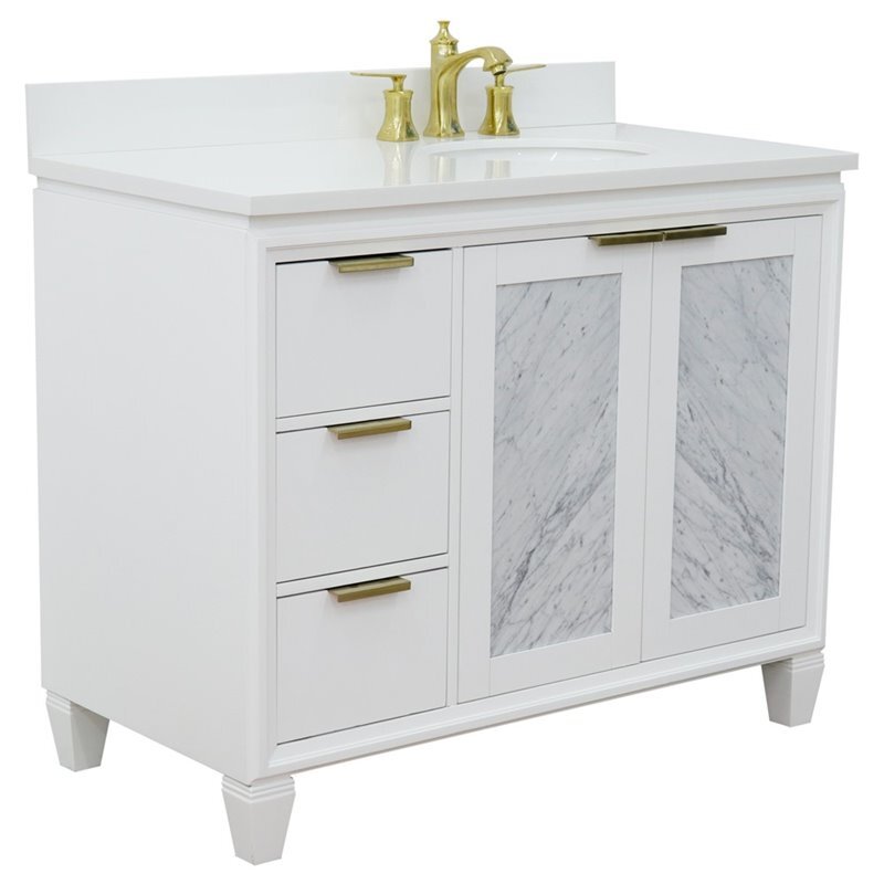 Trento 43″ Solid Wood Vanity with Right Oval Sink in White Quartz Stone