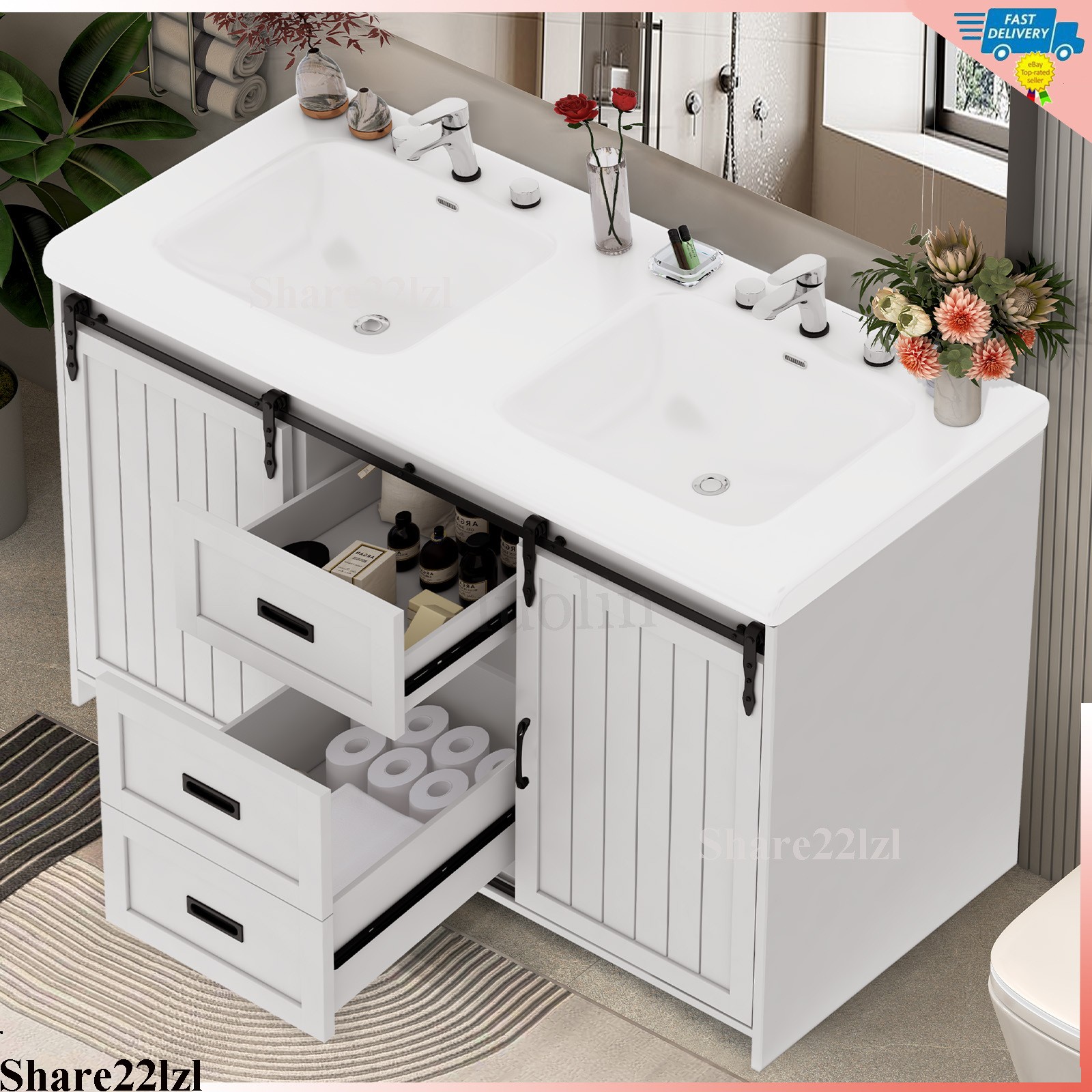 47″ Modern Bathroom Vanity Set with Double Vanities，Double Ceramic Sinks White