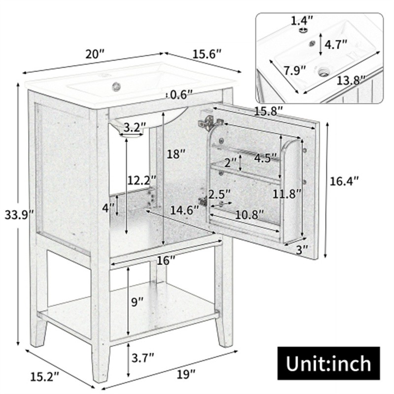 20″ Bathroom Vanity with Sink Door Open Shelf Rack Freestanding Storage Cabinet