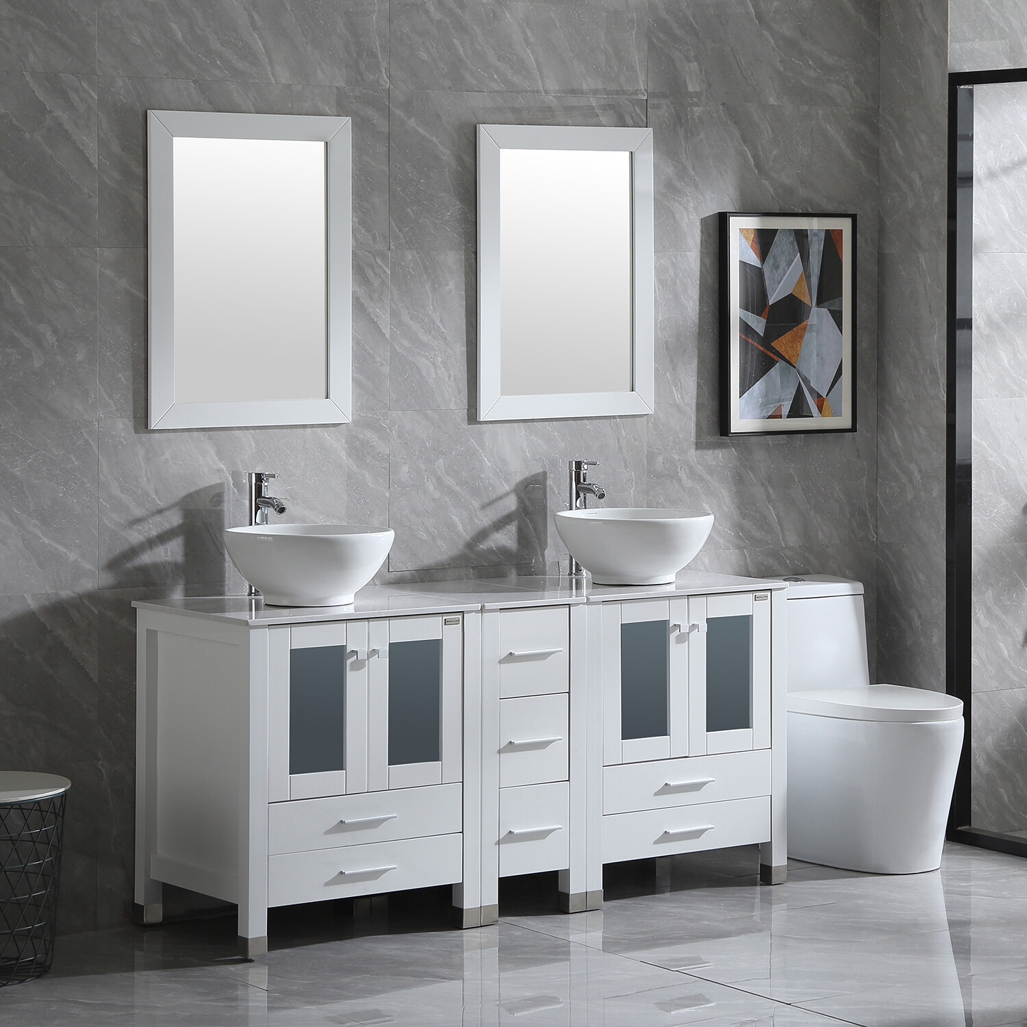 60″ Bathroom Vanities White Drawer Cabinet Ceramic Vessel Sinks w/ Faucet Combo