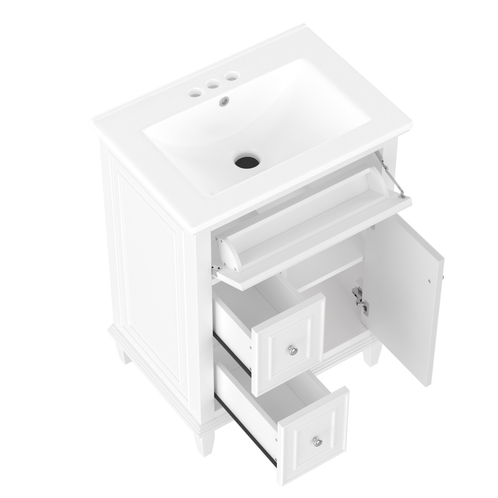 24 Inch White Bathroom Vanity with Ceramic Sink Solid Wood MDF Cabinet