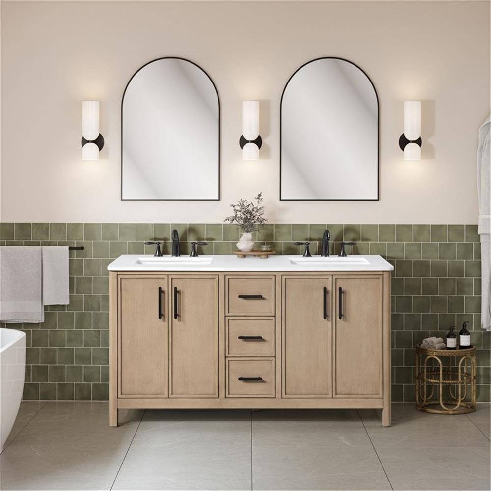 Pemberly Row 60″ Double Bathroom Vanity in Sahara Birch with White Countertop