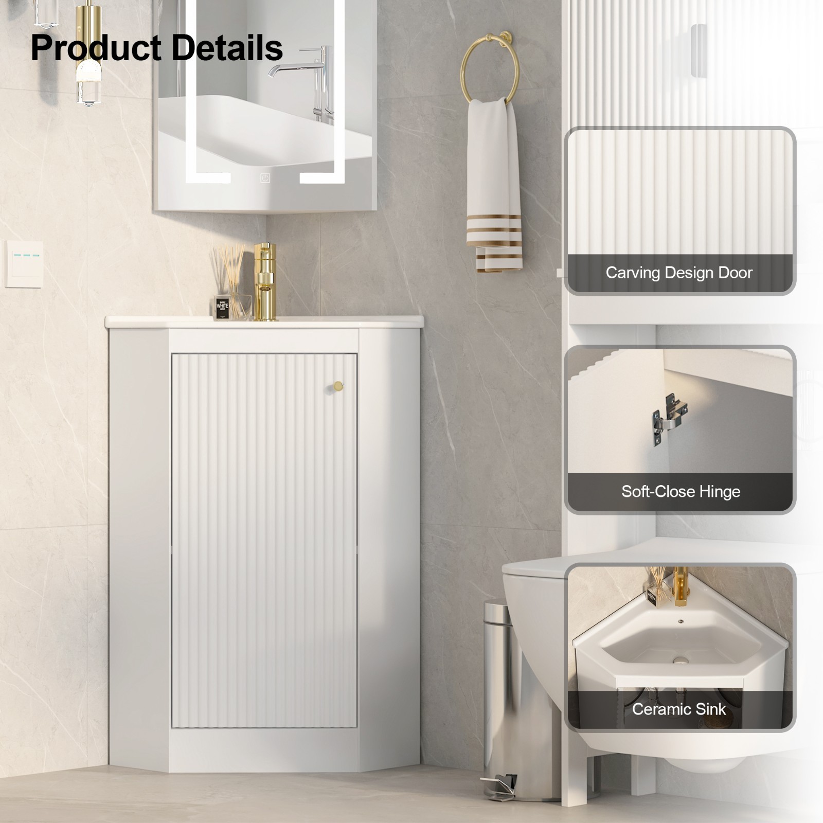 Modern 24″ Corner Vanity Sink Basin Combo Bathroom Storage Cabinet Freestanding