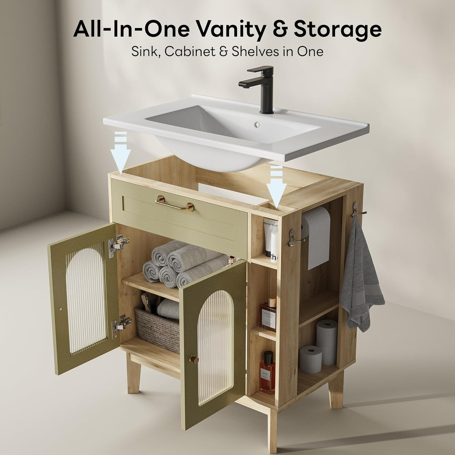 30″ Bathroom Vanity with Sink & Storage, Solid Wood Legs, Towel Bar Included