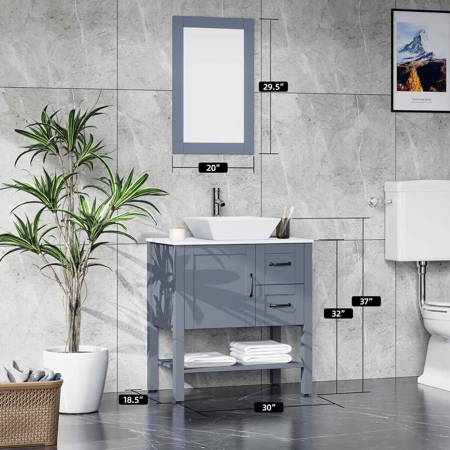 30″ Grey Bathroom Vanity and Sink Combo Marble Pattern Top w/Mirror Faucet&Drain