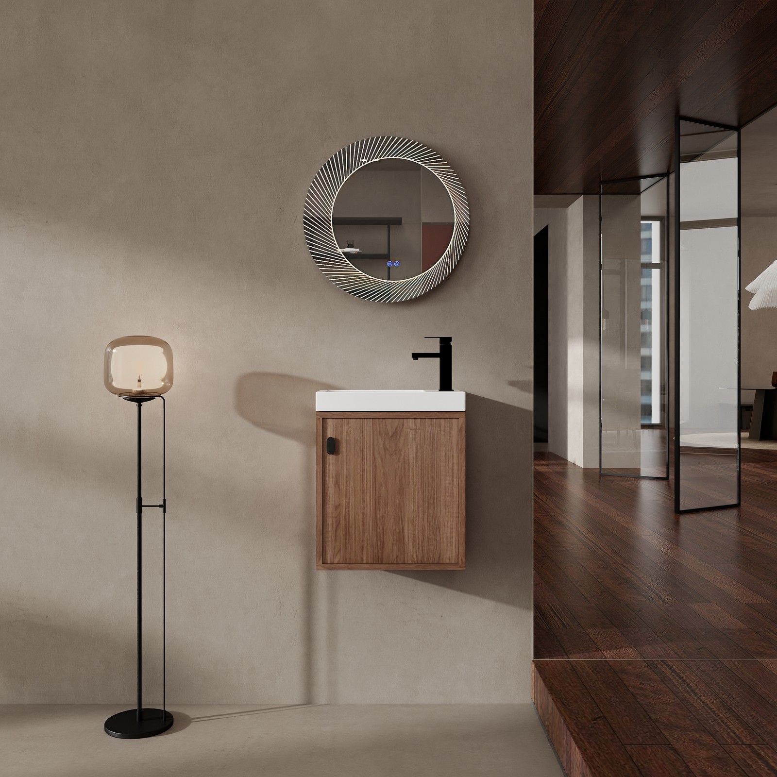 18.5″ Walnut Wall Mounted Floating Bathroom Vanity W/ Door Storage W/ Resin Sink