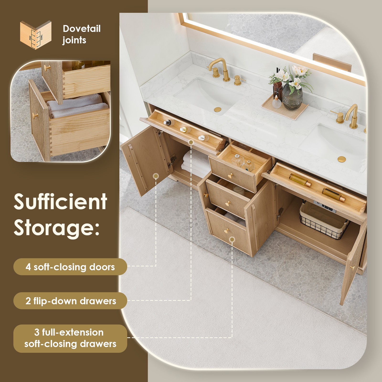 Barnett 72″ Wood Vanity in Natural Oak with White Engineered Stone Top No Mirror