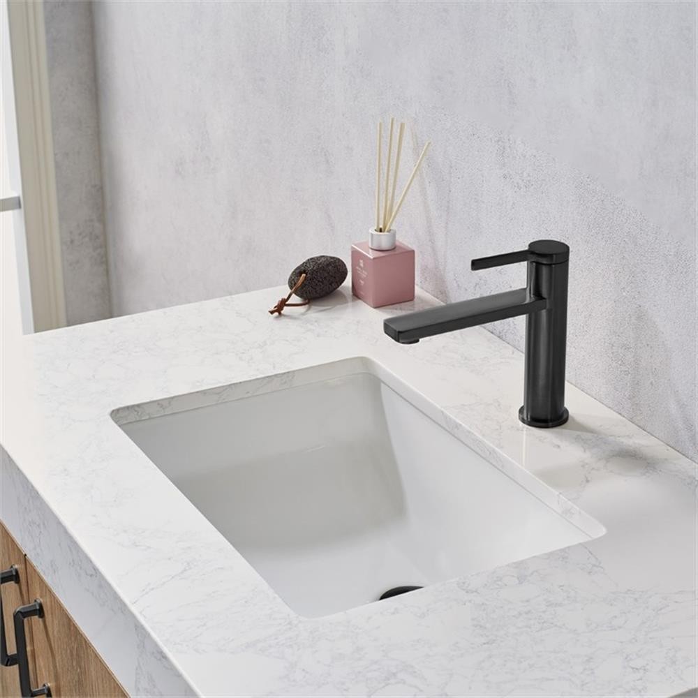 Pemberly Row 36″ White Stone Top Oak Single Vanity Black Frame w/o Mirror