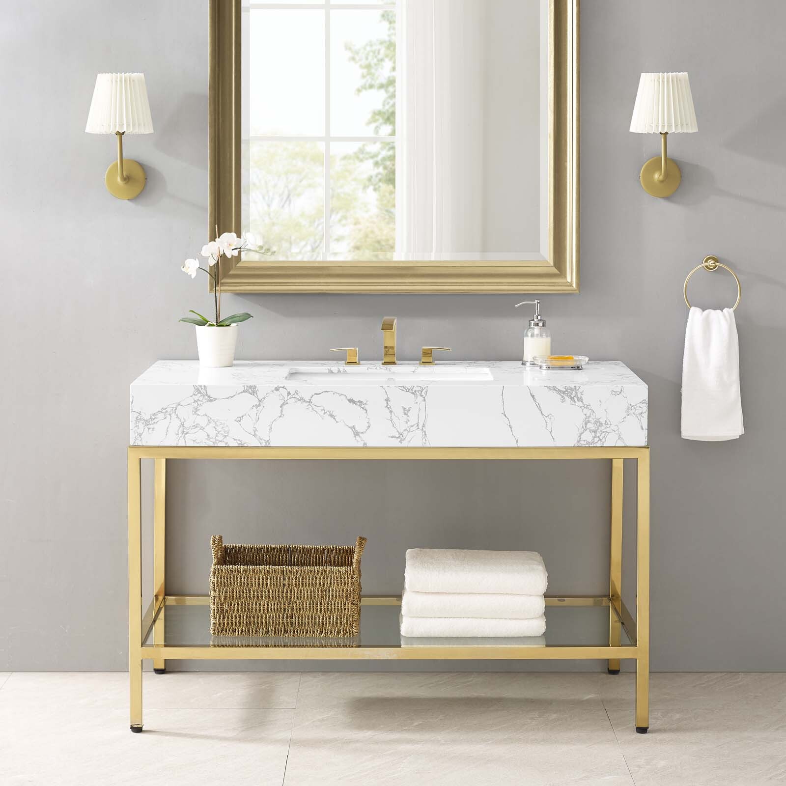 Modway Kingsley 50″ Gold Stainless Steel Bathroom Vanity in Gold White