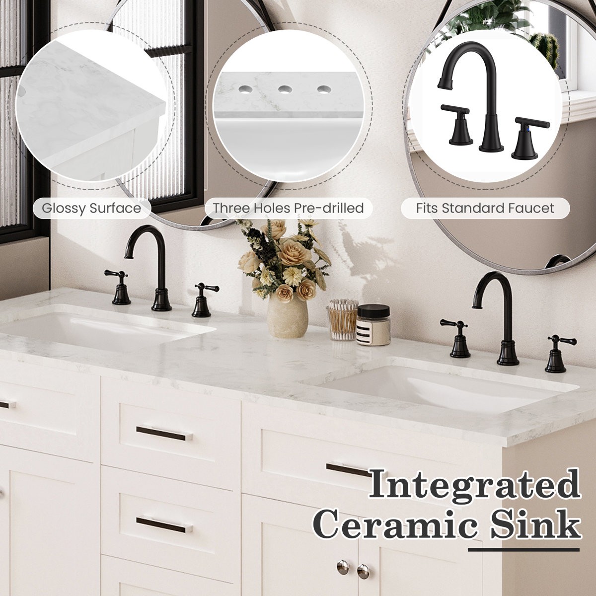 60″ Double Sink Bathroom Vanity w/ Ceramic Top Modern Wood Cabinet 3-Drawer