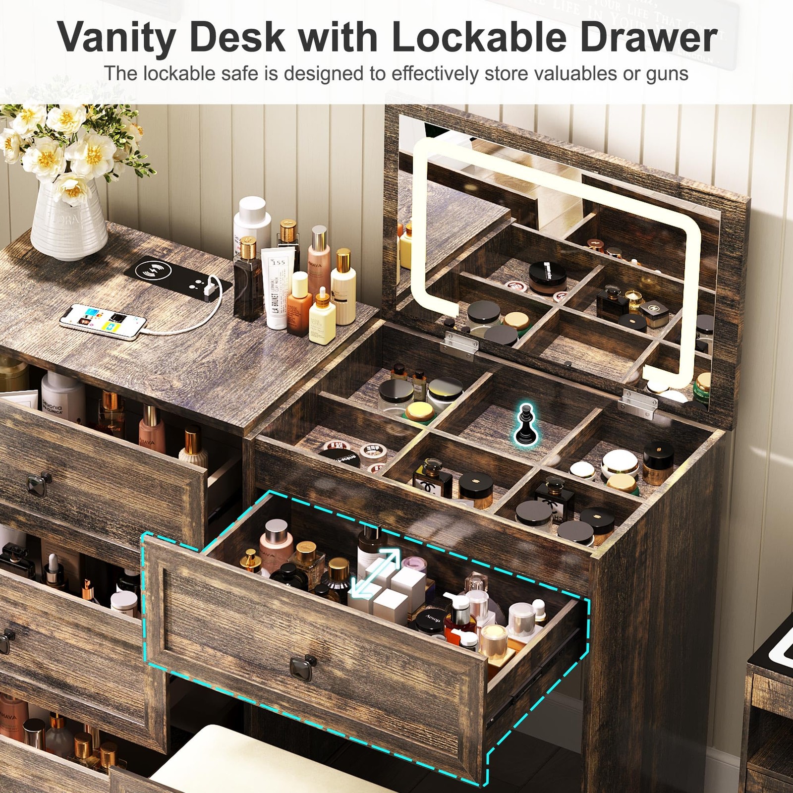 3-in-1 Vanity Desk Mirror Lights Charging Station Drawers Lock Stool