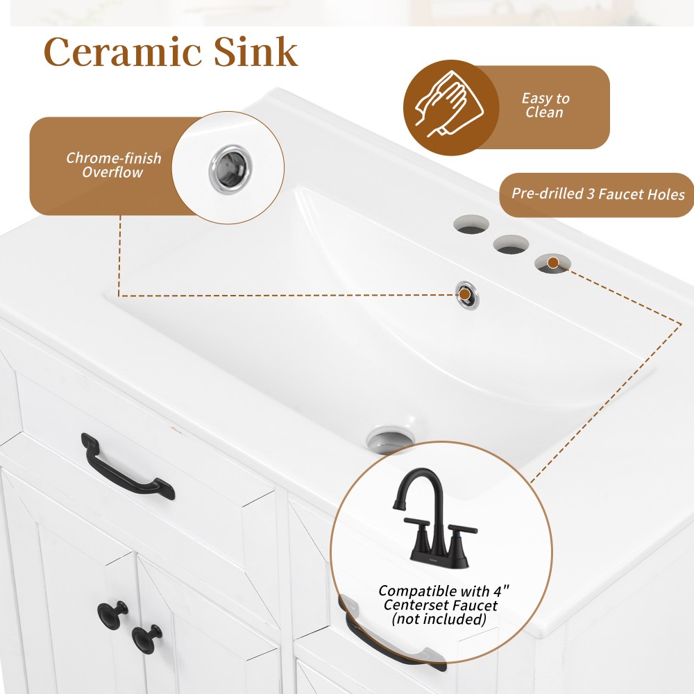 30″ White Bathroom Vanity with Ceramic Sink Freestanding Vanity with Black Metal