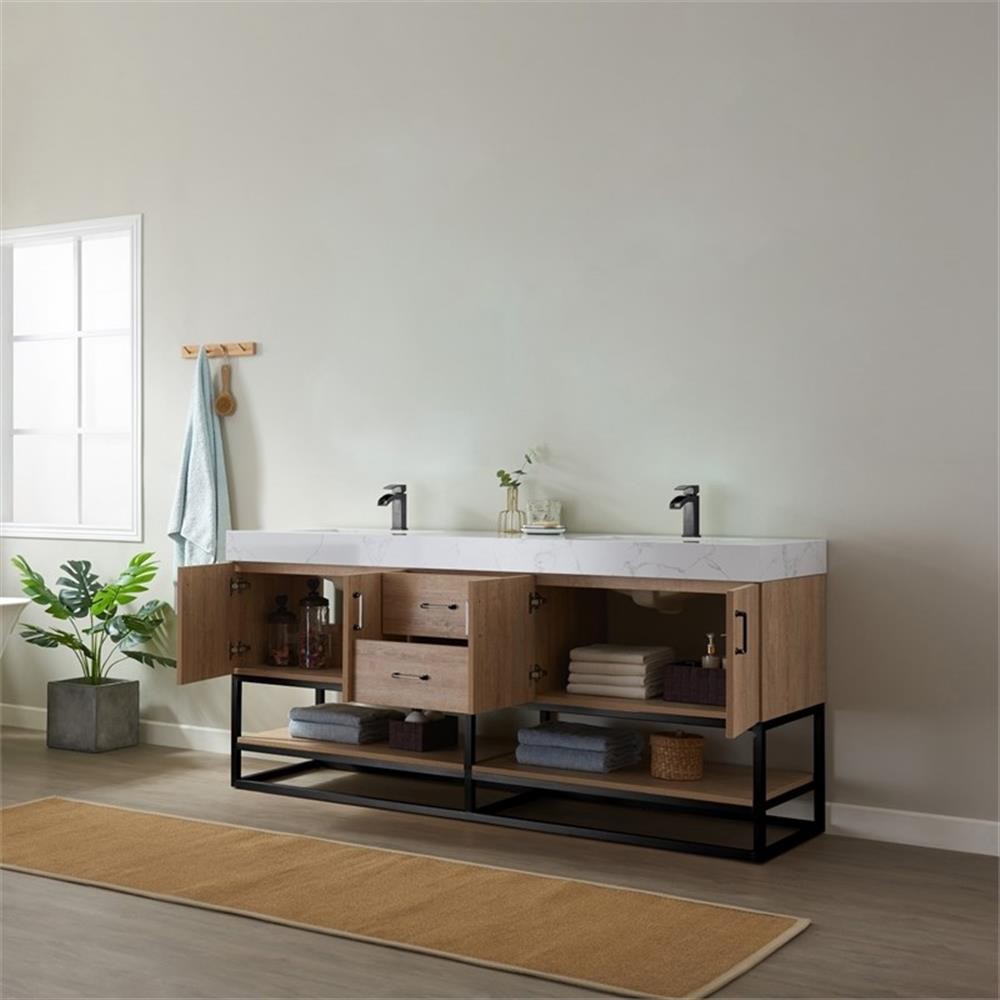 Pemberly Row 72″ White Stone Top Oak Double Vanity Black Frame w/o Mirror