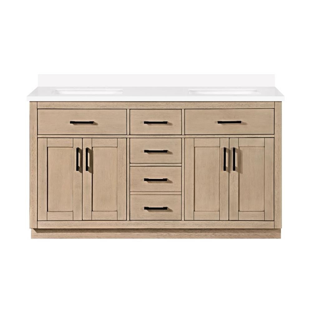 Pemberly Row 60″ Double Bathroom Vanity in Sahara Birch with White Countertop