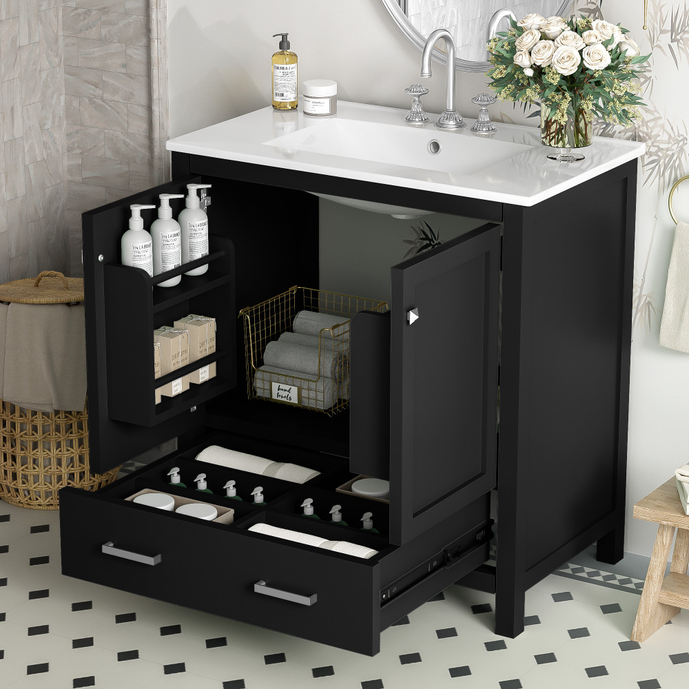 30″ Transitional Bathroom Vanity,Ceramic Sink,2 Door Cabinet & Drawer,Solid Wood
