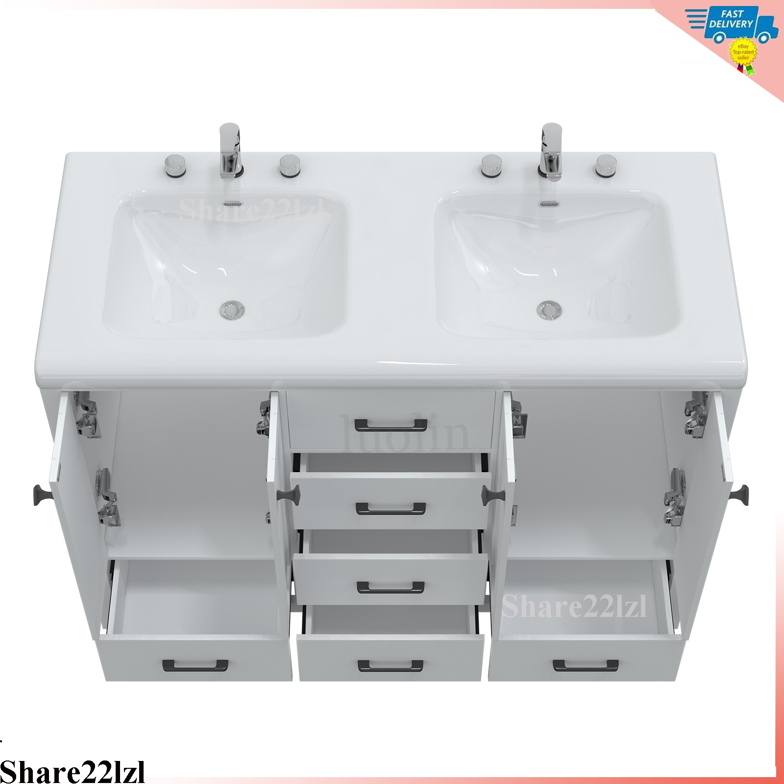 47″ Double Bathroom Vanity Wood Cabinet with Ceramic Sink Combo Set Freestanding