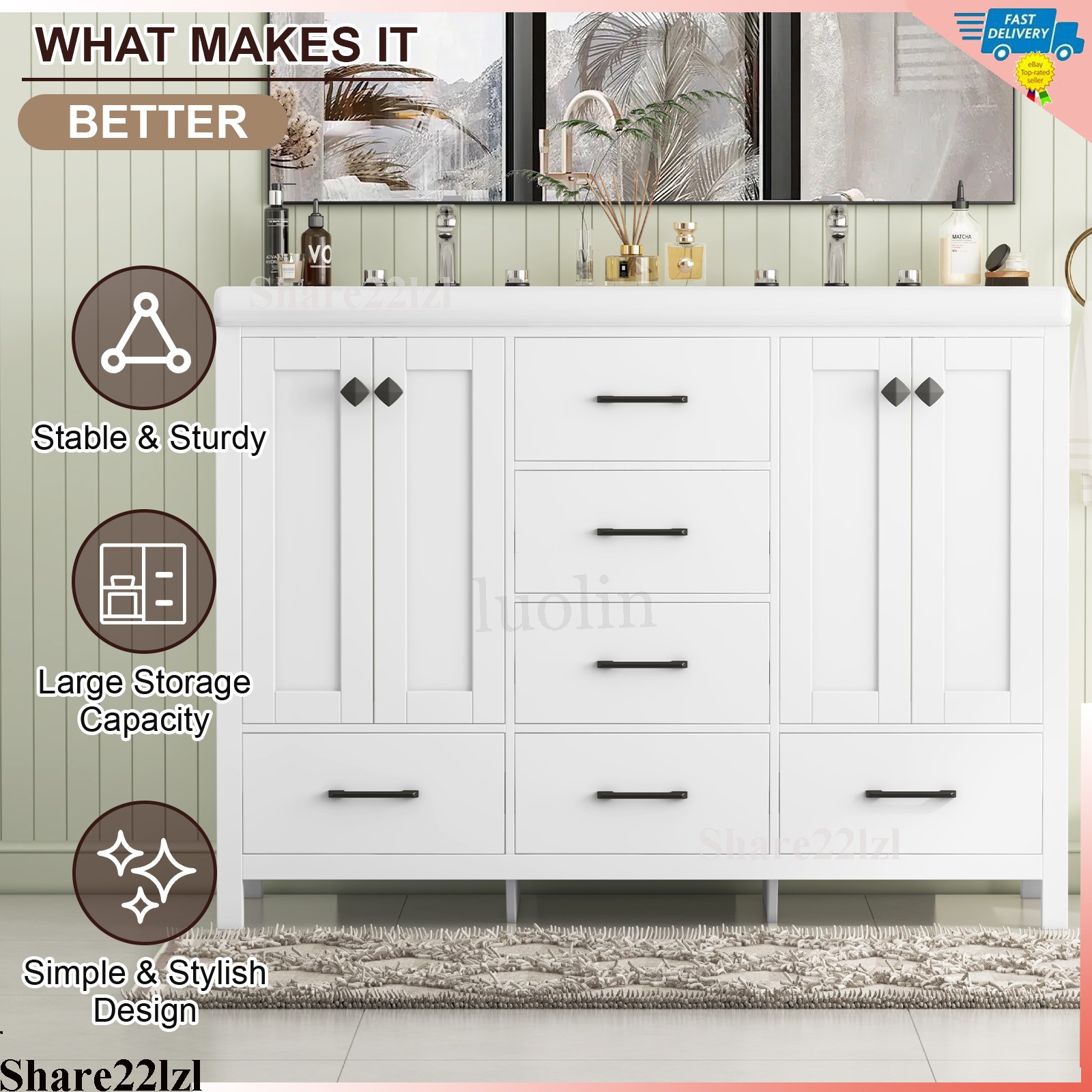 47″ Double Bathroom Vanity Wood Cabinet with Ceramic Sink Combo Set Freestanding