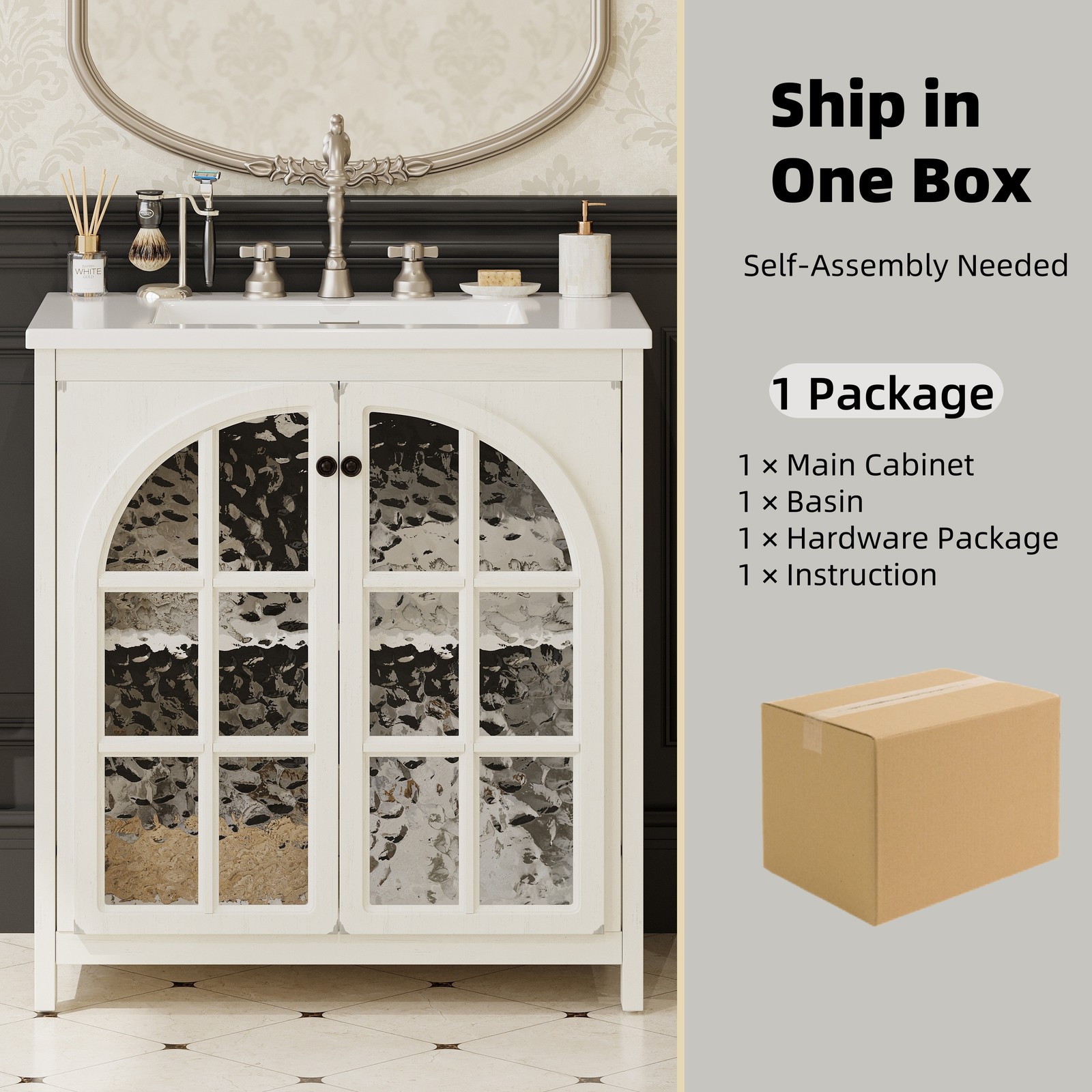 Farmhouse Bathroom Vanity with Ceramic Sink，Storage Cabinet w/Soft-Closing Doors