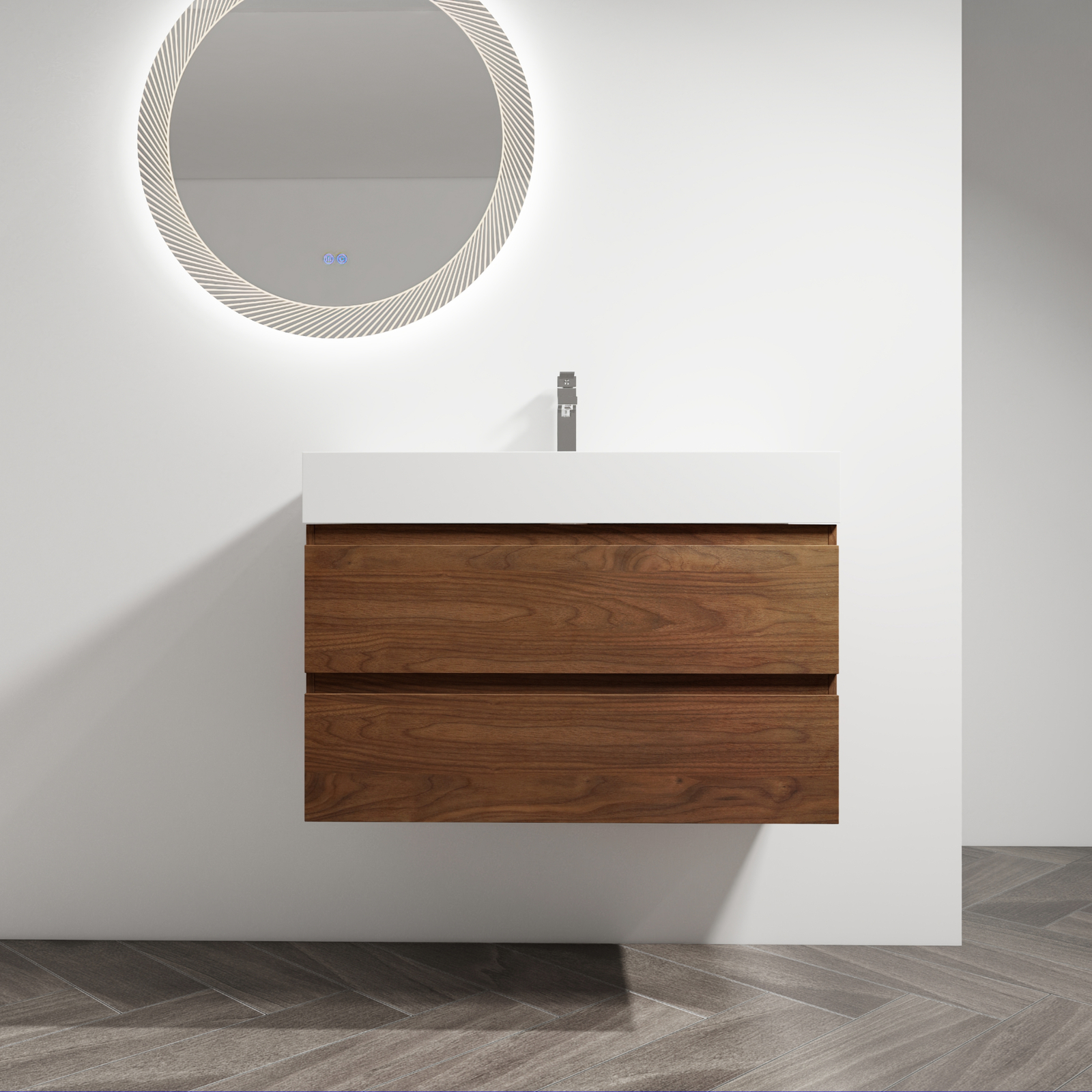 36 inch Bathroom Vanity Wall Mounted W/ Undermount Resin Sink + 2 Drawers Brown