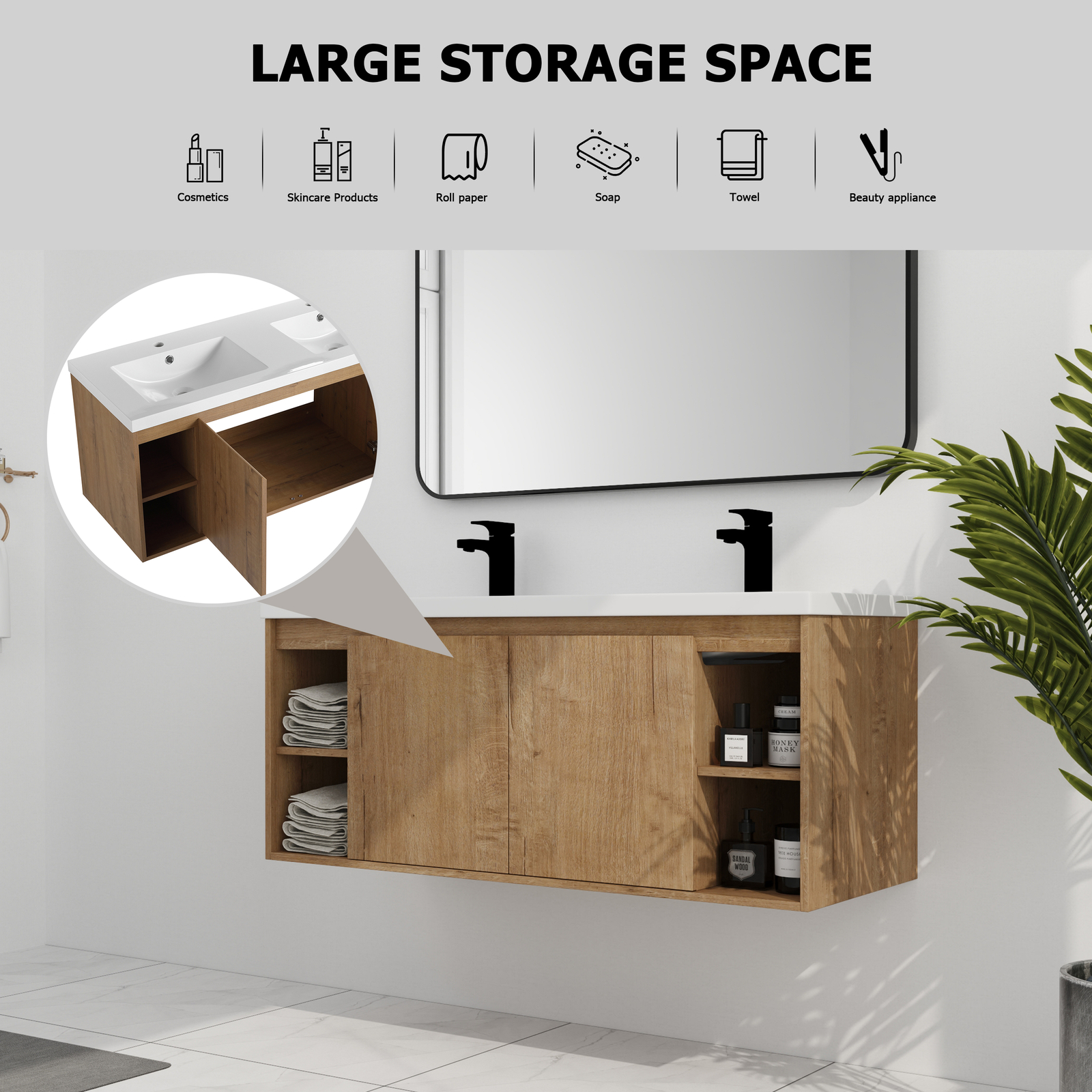48inch Wood Wall Mounted Foating Bathroom Vanity W/ Double Sink +Shelf and Doors